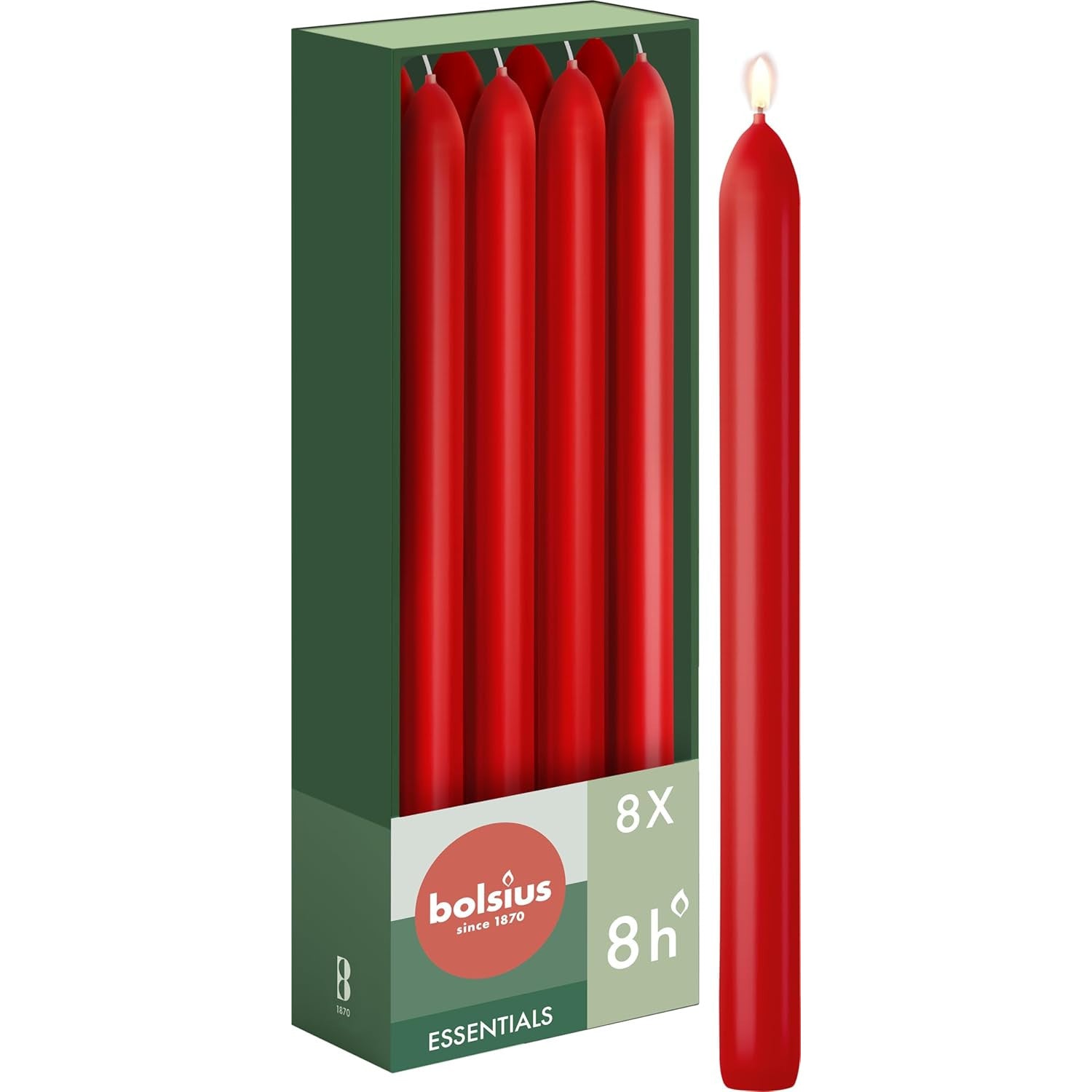 Bolsius Red Tapered Dinner Candles 8-Pack 23cm Long Burn