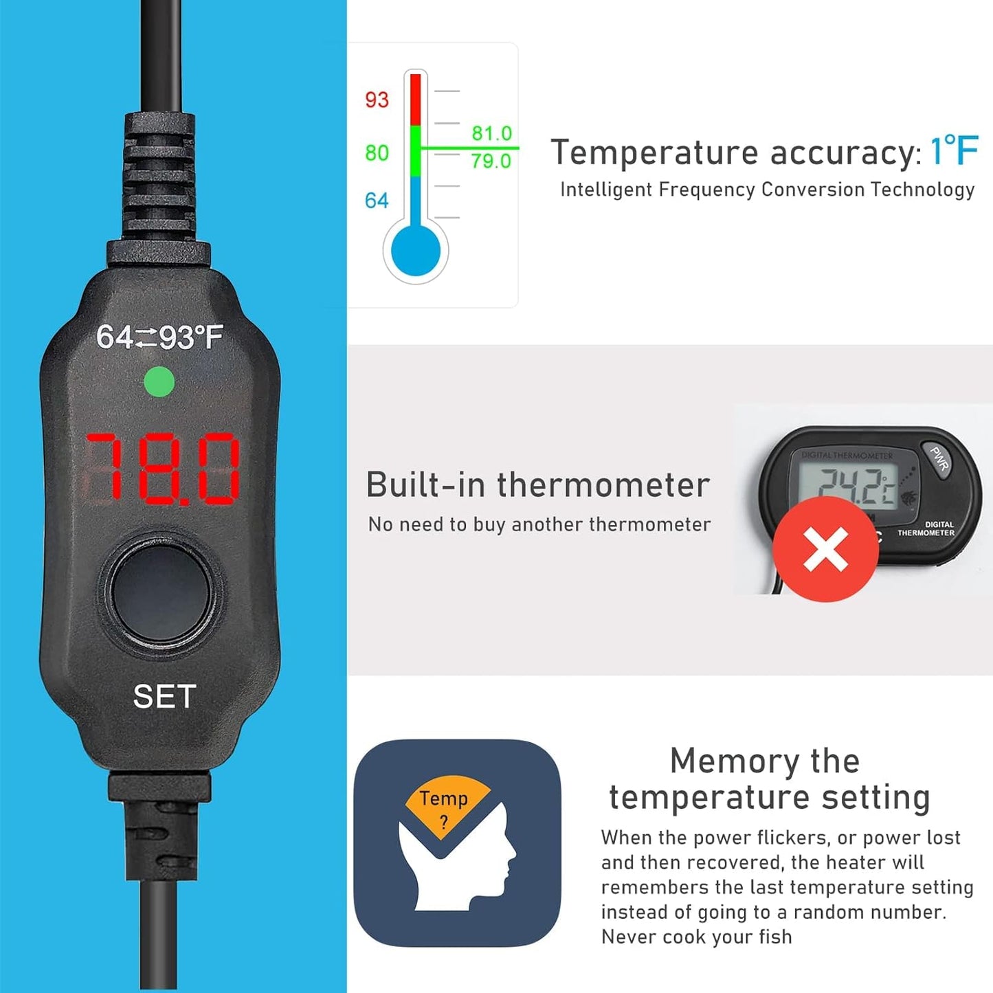 YukiHalu Compact Submersible Aquarium Heater with LED Display