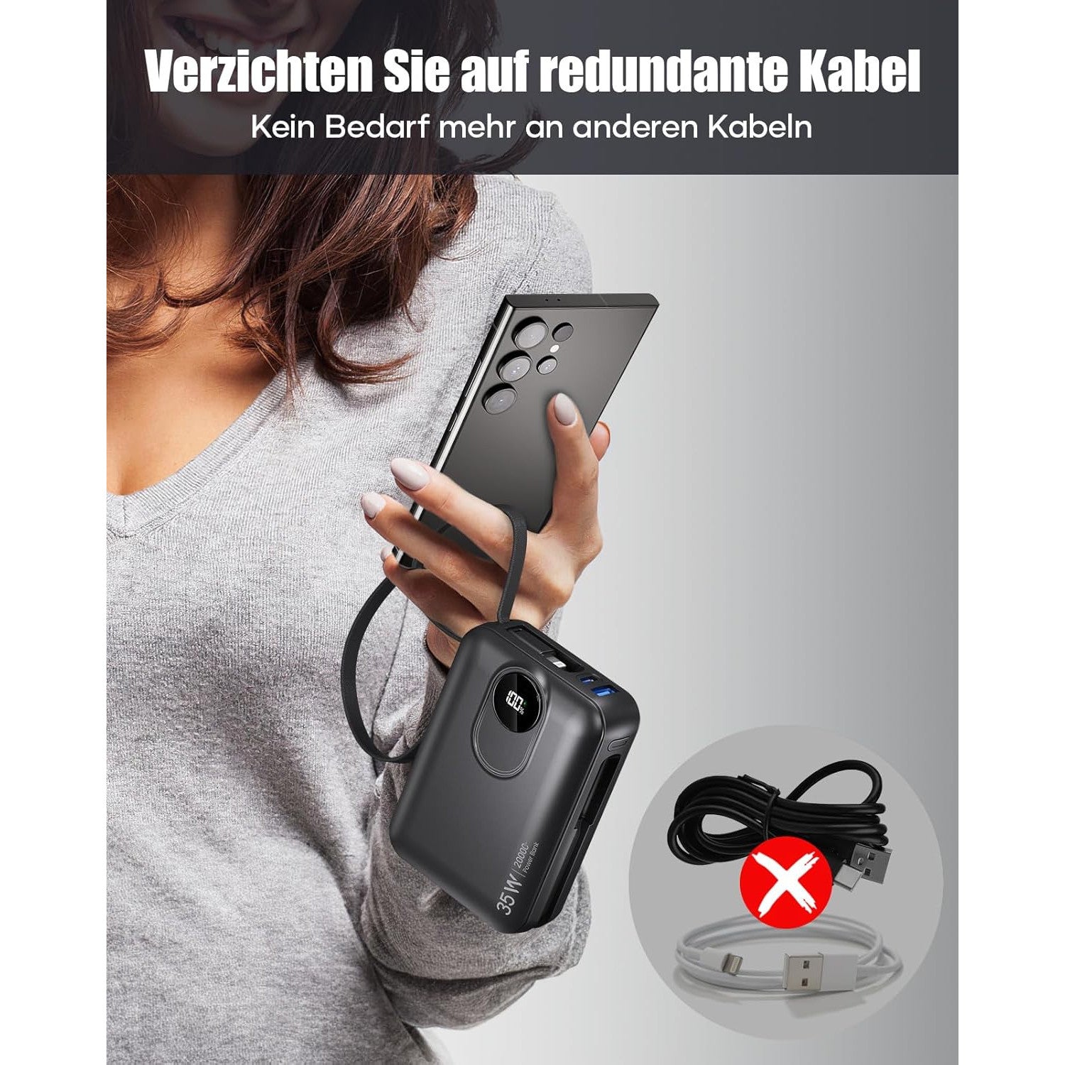 20000 mAh Fast‑Charging Power Bank with Built‑In USB‑C Cable