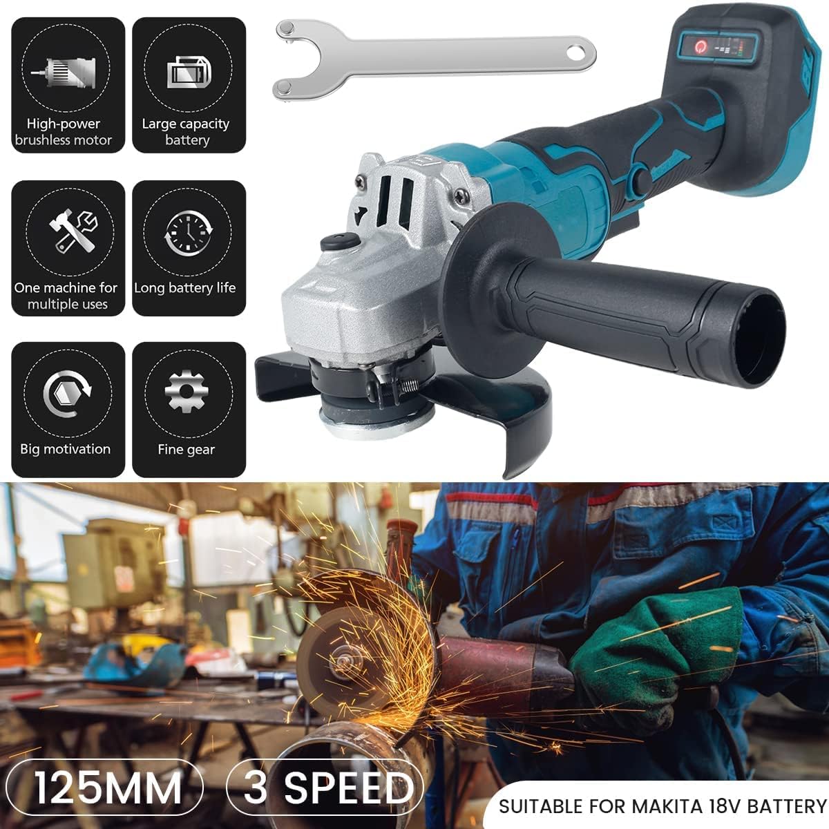 18V Cordless Brushless 125mm Angle Grinder with 3-Speed Variable Kit