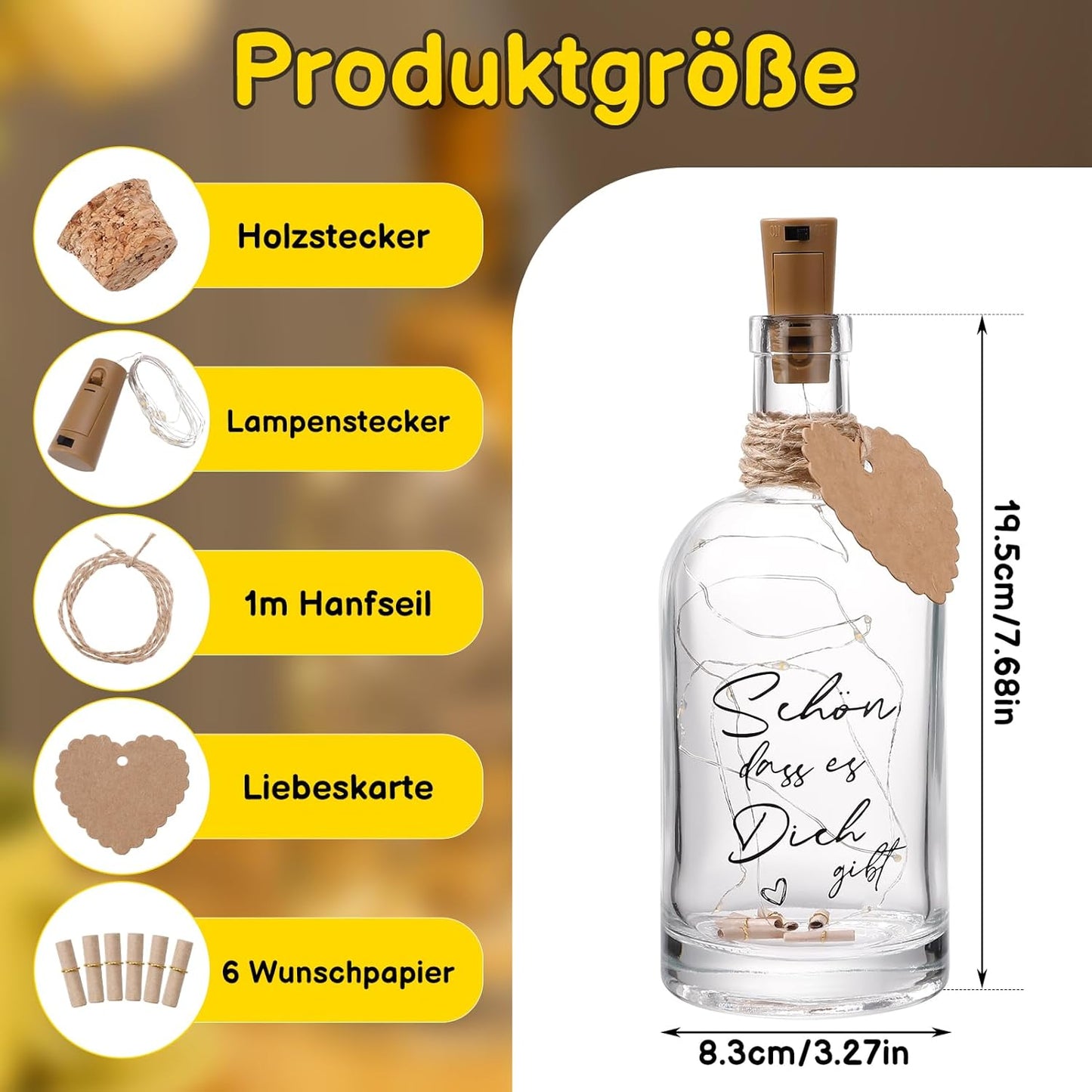 Personalised LED Bottle Light with Cork Stopper – Warm White Glow