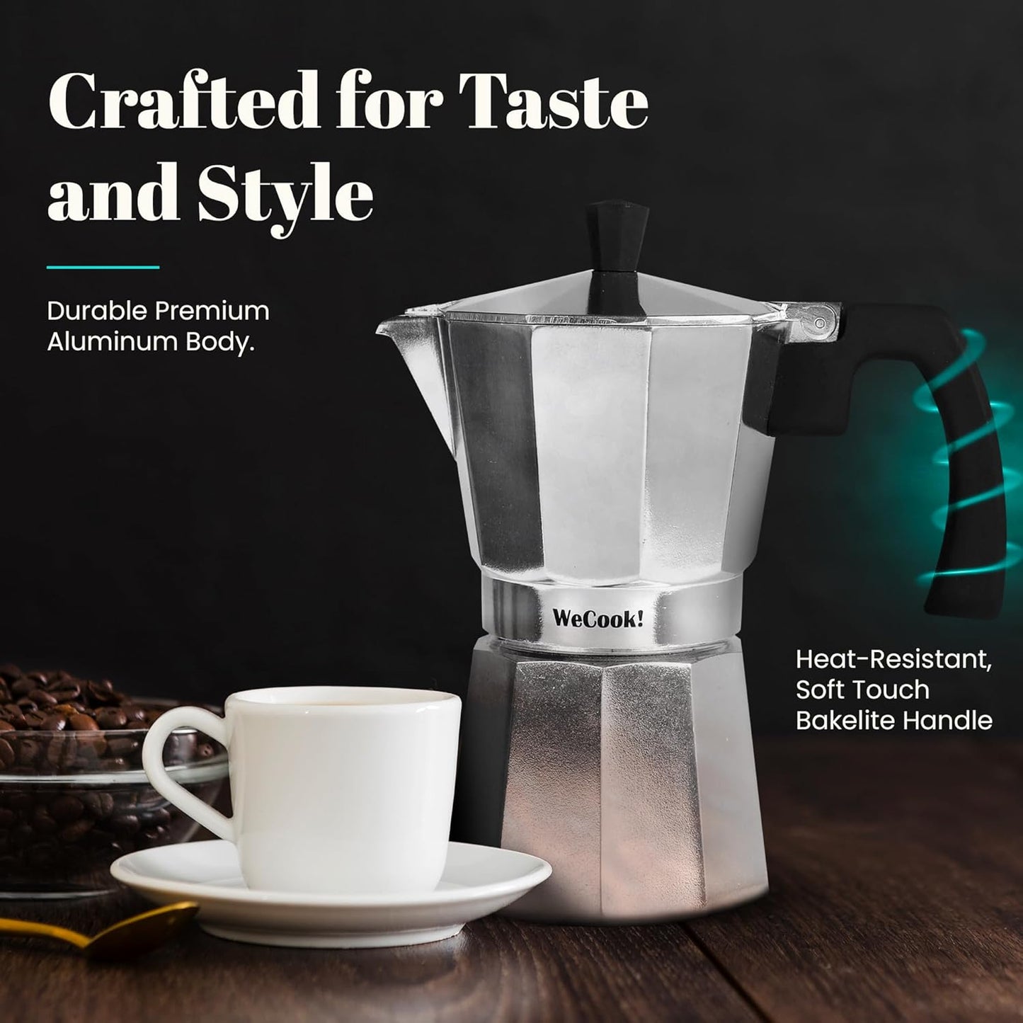 WECOOK Paola Italian Aluminum Stovetop Espresso Maker, 6-Cup Silver