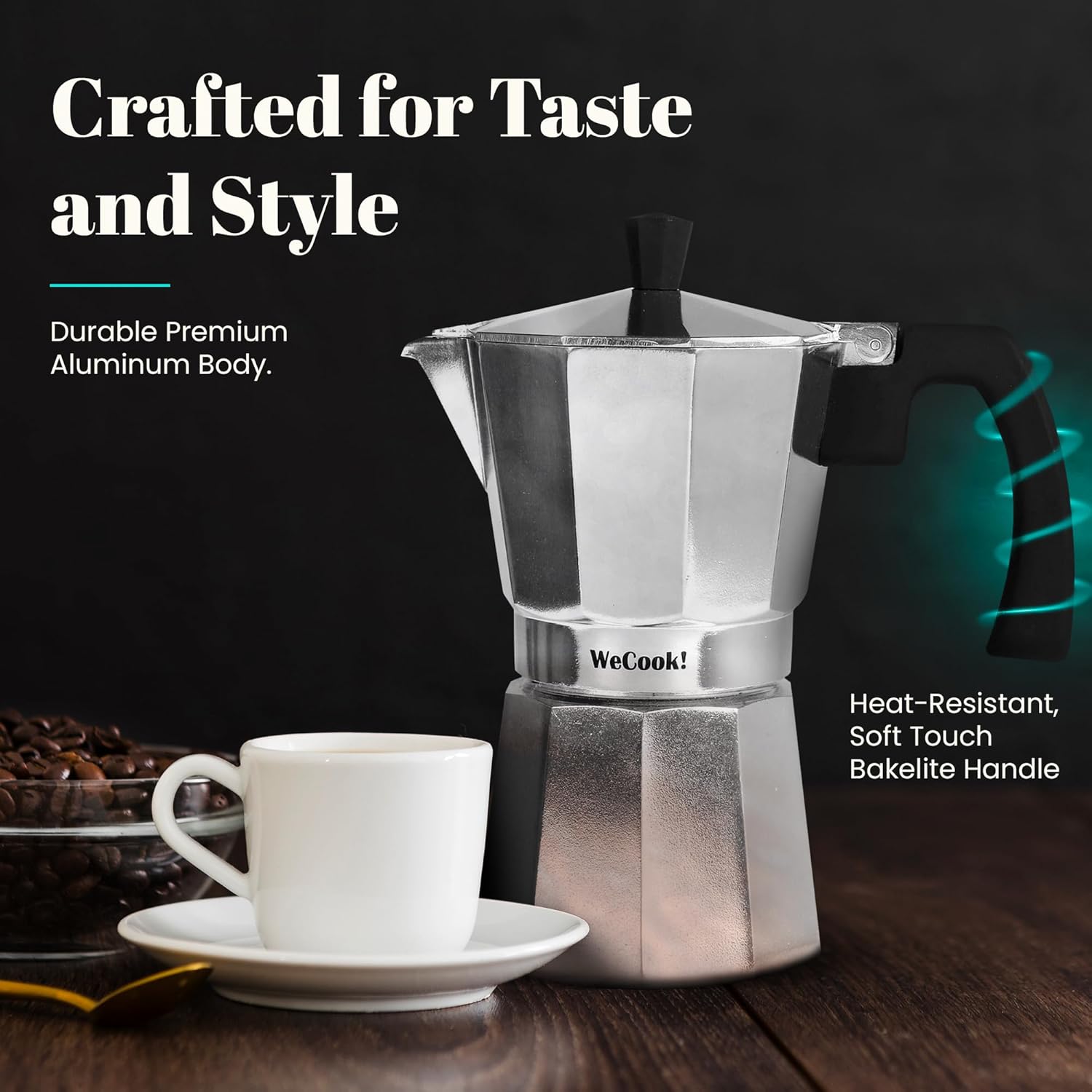 WECOOK Paola Italian Aluminum Stovetop Espresso Maker, 6-Cup Silver