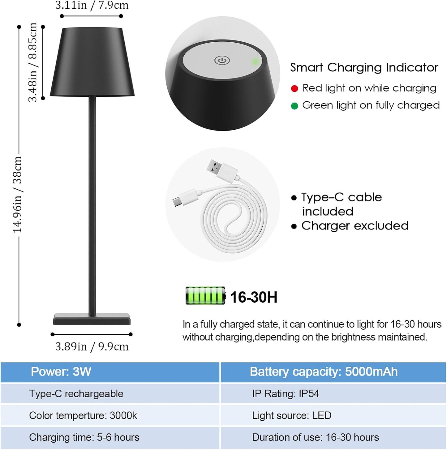 Aoceley HT-010 2-Pack LED Cordless Table Lamp Rechargeable 5000mAh Stepless Dimming IP65 Waterproof Modern Portable