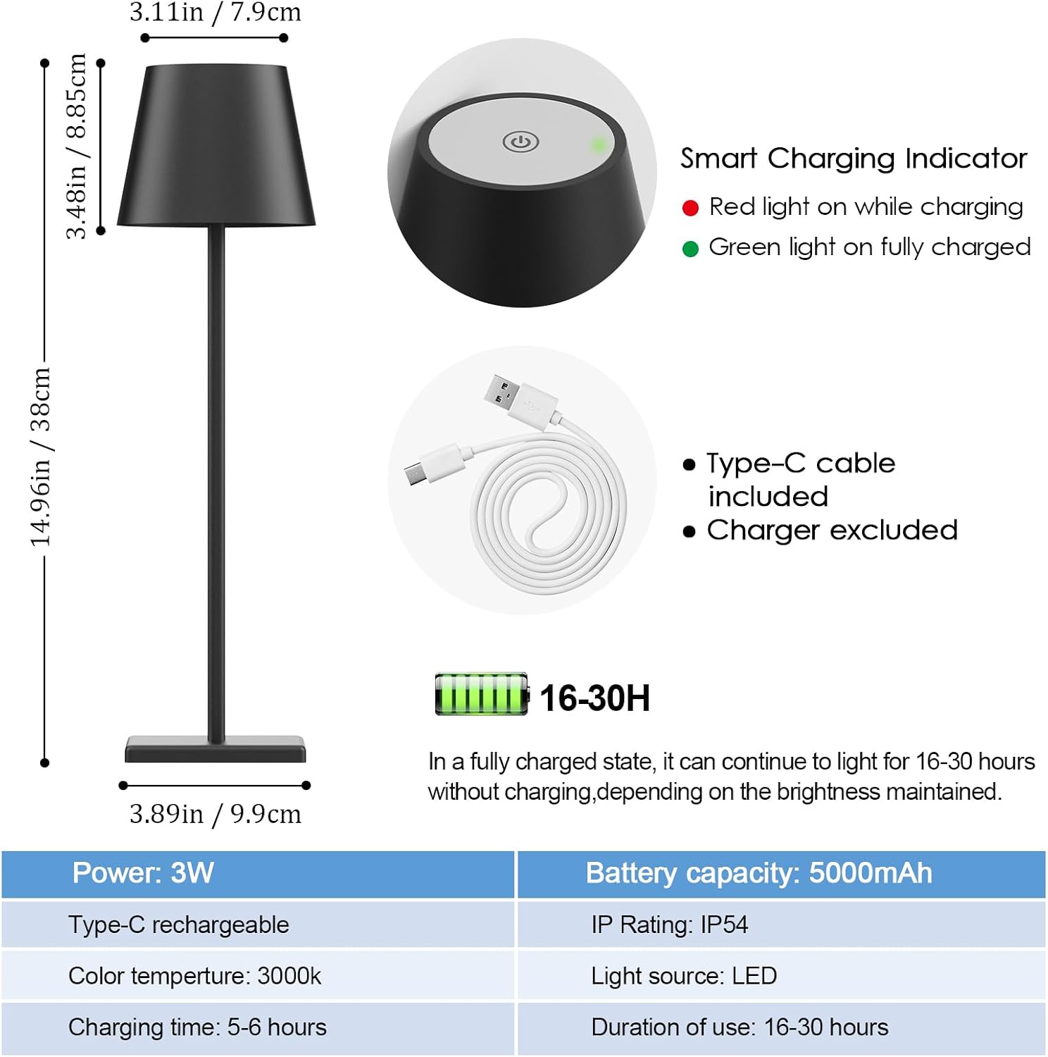 Aoceley HT-010 2-Pack LED Cordless Table Lamp Rechargeable 5000mAh Stepless Dimming IP65 Waterproof Modern Portable