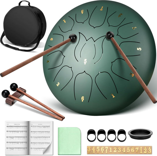12‑Inch CAHAYA Steel Tongue Drum with 13 Tones – Dark Green