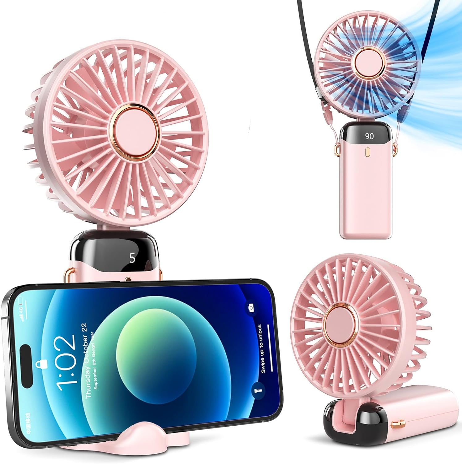Koonie Portable Handheld Fan: 5-Speed Rechargeable Battery Operated Mini Desk Fan