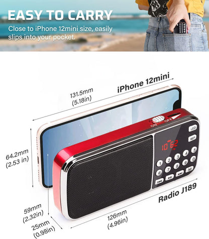 PRUNUS J189 Mini Bluetooth AM FM Radio Rechargeable Portable Dual Speaker LED Flashlight 127 g Black