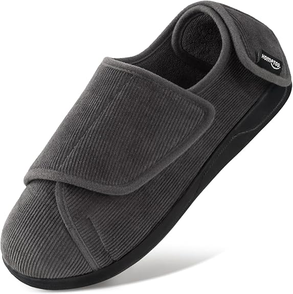 HomeTop Men's Corduroy Adjustable Slippers with Memory Foam for Diabetic & Swollen Feet