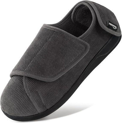 HomeTop Men's Corduroy Adjustable Slippers with Memory Foam for Diabetic & Swollen Feet