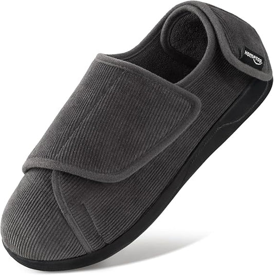 HomeTop Men's Corduroy Adjustable Slippers with Memory Foam for Diabetic & Swollen Feet