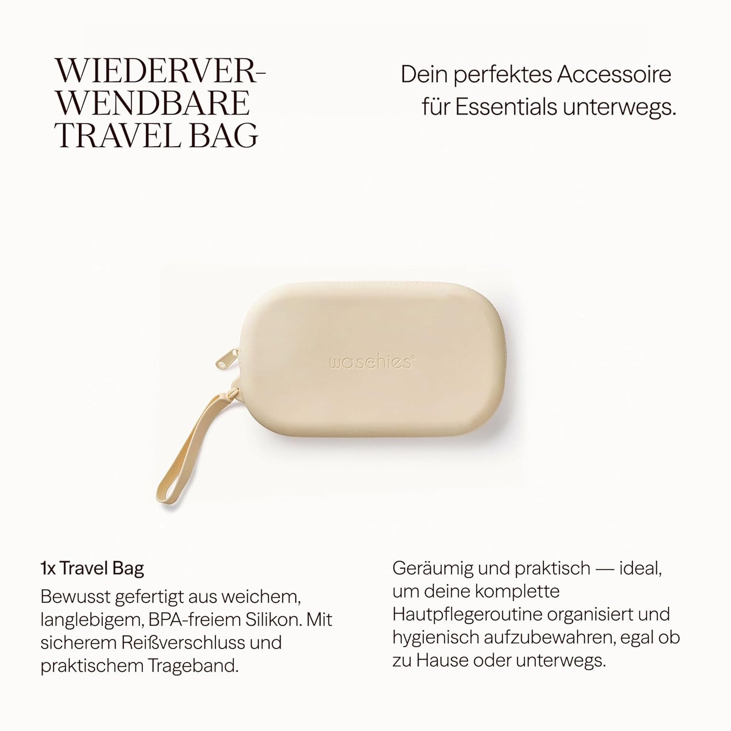 Waschies PureFeminine Travel Cosmetic Bag – Soft Silicone, Water‑Resistant, Beige