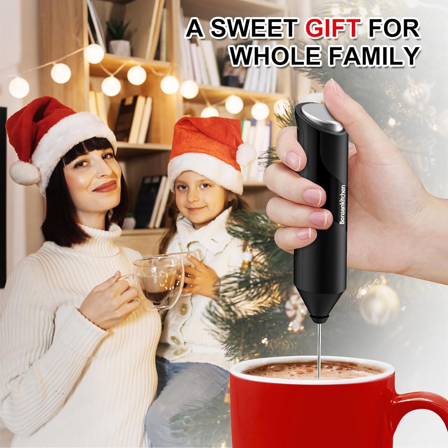 Bonsenkitchen Powerful Handheld Milk Frother with Stainless Steel Whisk – Black