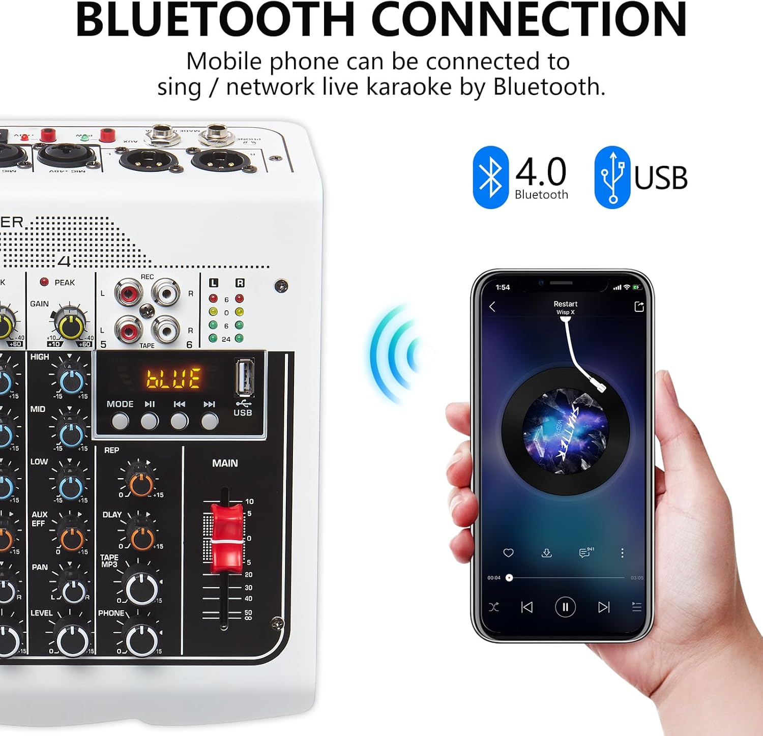 Boeska 6-Channel DJ Mixer with USB, Bluetooth, 48V Phantom Power