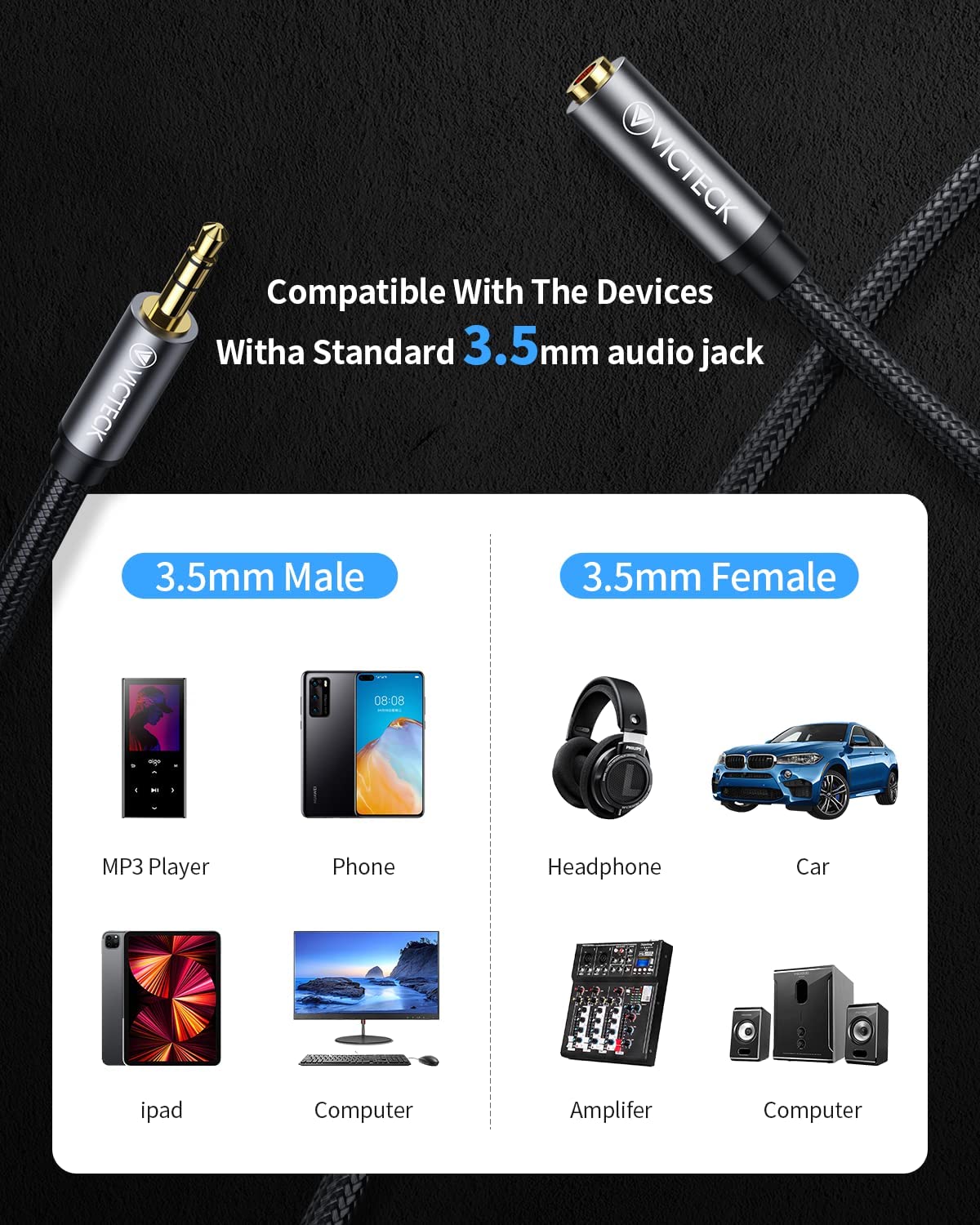 Victeck Headphone Extender Nylon Durable Audio Cable