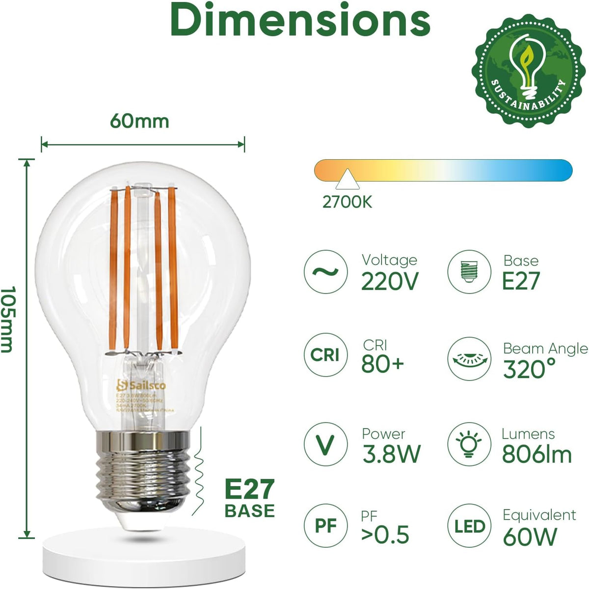 Sailsco E27 A60 LED Filament Bulbs 3.8W Pack of 6