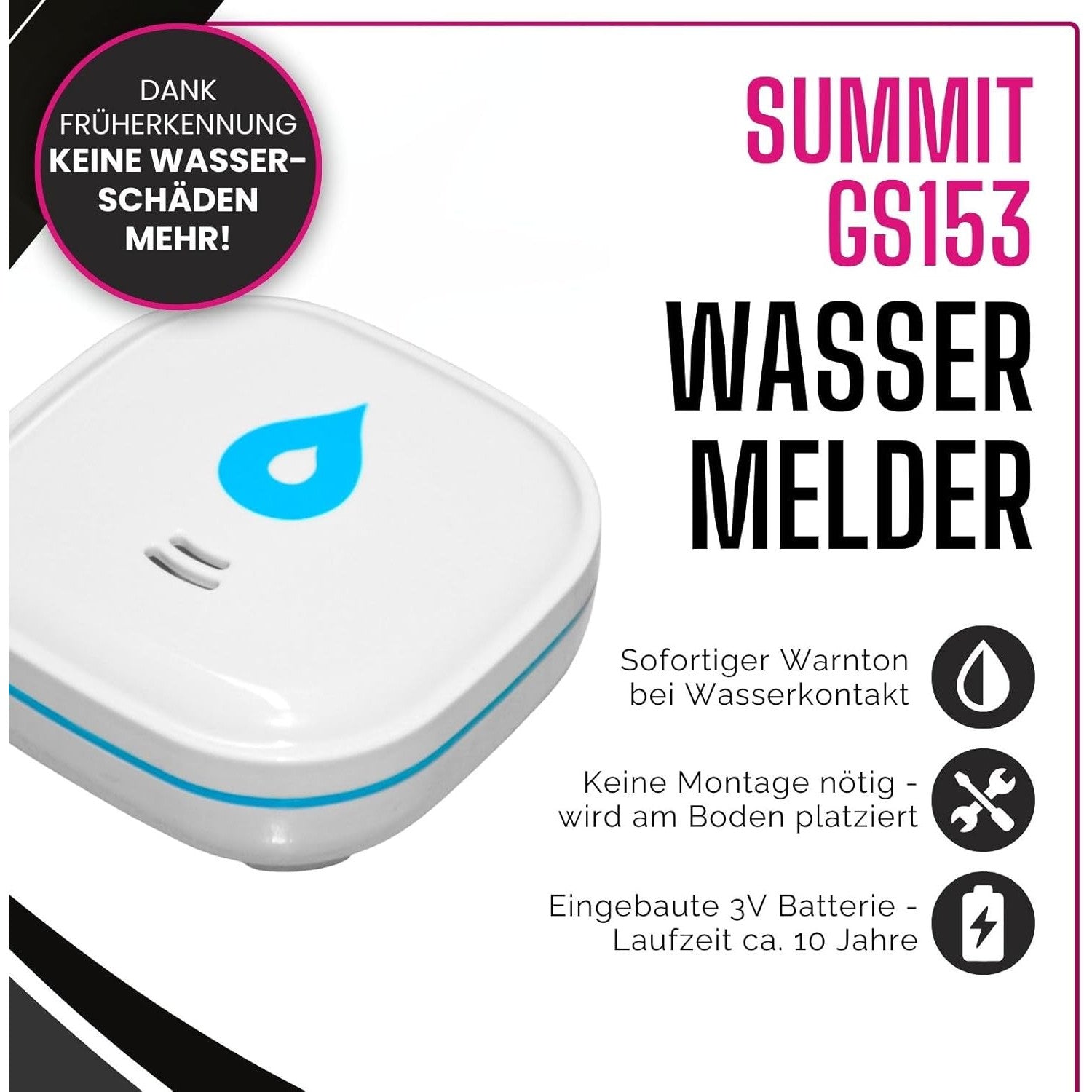 Summit GS153 Compact Battery-Powered Water Detector with 85dB Alarm
