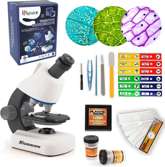 HYRENEE Kids Microscope 40-1200x Zoom STEM Kit with LED Light