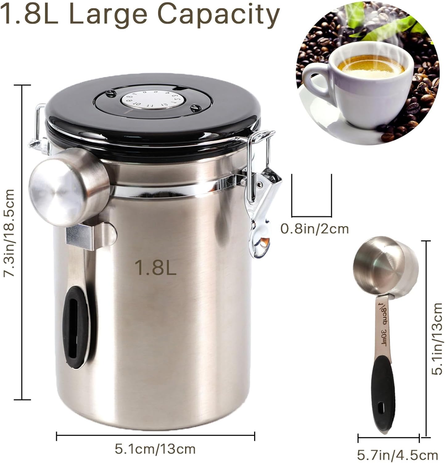SUEIANNMN 1.8L Airtight Stainless Steel Coffee Canister with Freshness Tracker