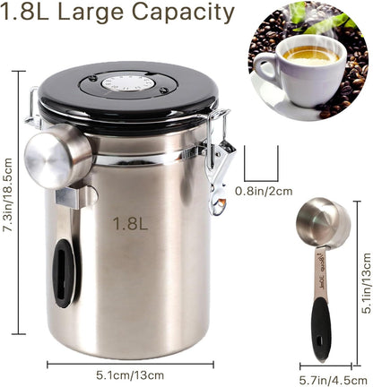 SUEIANNMN 1.8L Airtight Stainless Steel Coffee Canister with Freshness Tracker