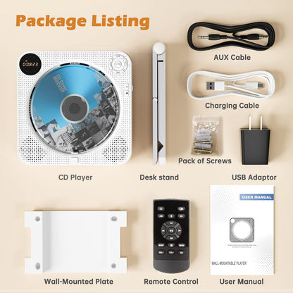 FELEMAN MPD001W Portable Wall-Mounted CD Player with Bluetooth, USB, Aux