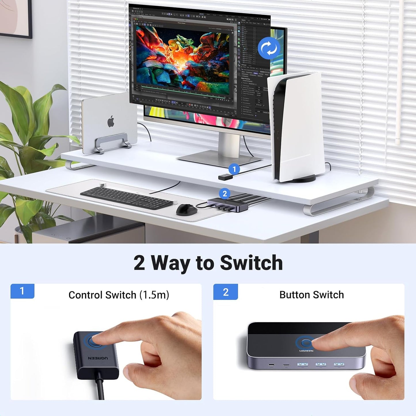 UGREEN Aluminum KVM Switch 2 PC 1 Monitor 4K@60Hz USB 3.0 with Desktop Controller Black