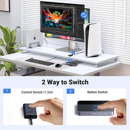 UGREEN Aluminum KVM Switch 2 PC 1 Monitor 4K@60Hz USB 3.0 with Desktop Controller Black