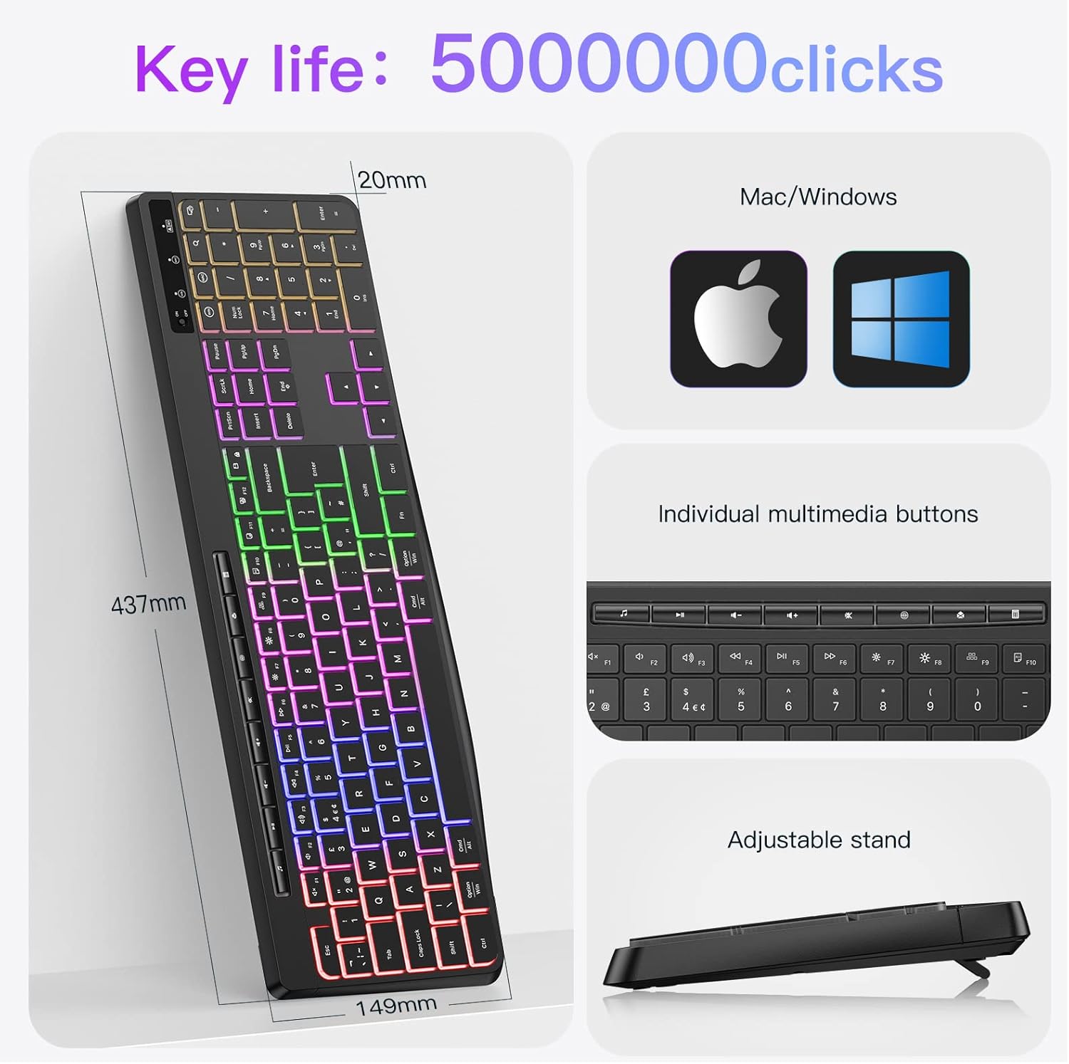 TECURS Silent Wireless Gaming Keyboard with USB‑C Rechargeable Backlit Keys