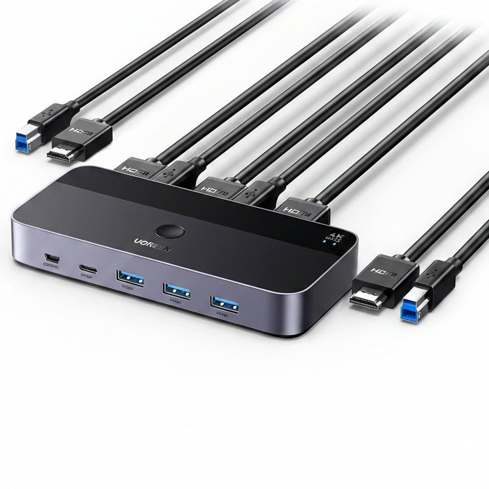 UGREEN Aluminum KVM Switch 2 PC 1 Monitor 4K@60Hz USB 3.0 with Desktop Controller Black