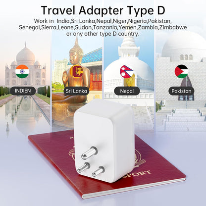 Sameriver Travel Adapter EU to India 4-in-1 Type D Plug with 2 USB-A and USB-C White