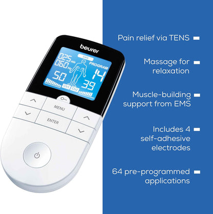 Beurer EM 49 Digital TENS EMS Unit: Pain Relief, Muscle Training, Massage, Electrodes