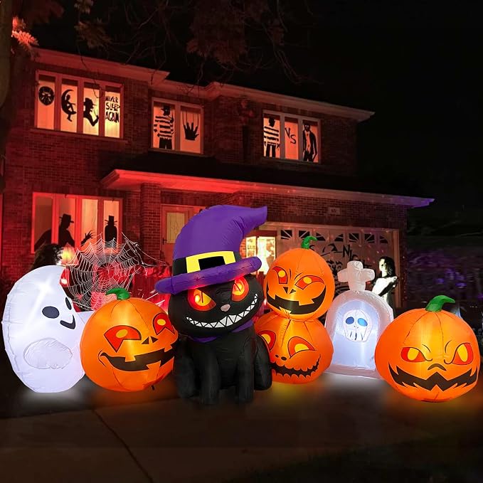 Micocah 8FT Halloween Inflatable Cat & Pumpkin Decorations with LED Lights