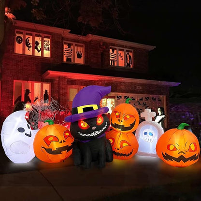 Micocah 8FT Halloween Inflatable Cat & Pumpkin Decorations with LED Lights