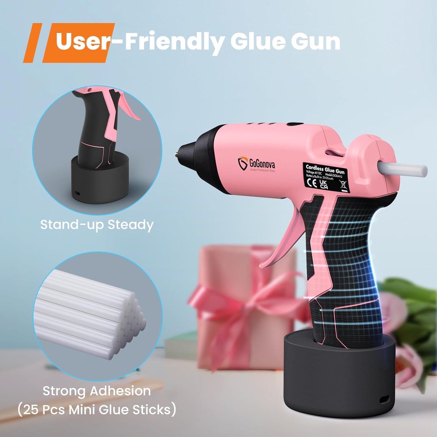 GoGonova Cordless Glue Gun 15‑Second Preheat 2Ah Battery Pink