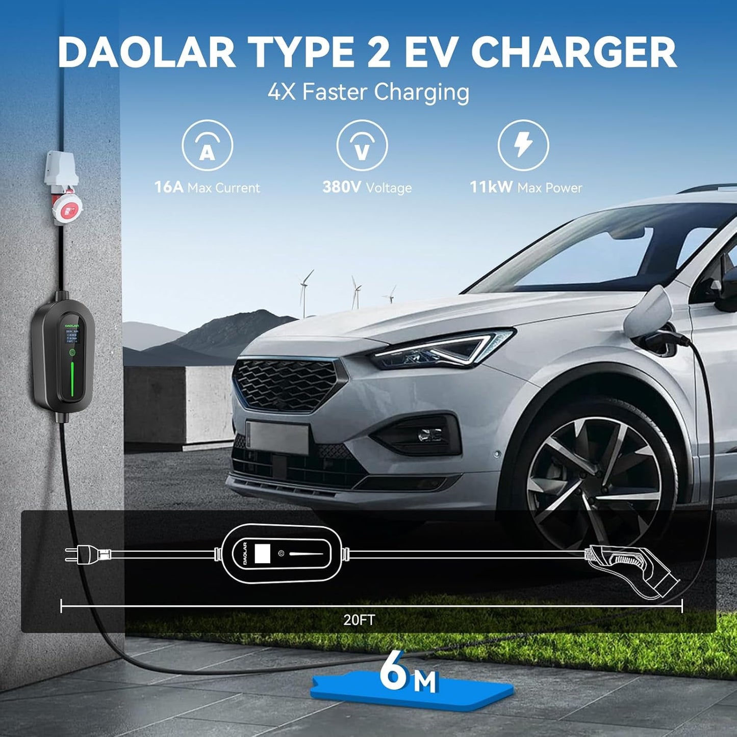 DAOLAR Portable Type 2 EV Charger: Adjustable 6-16A Three-Phase Smart Charging