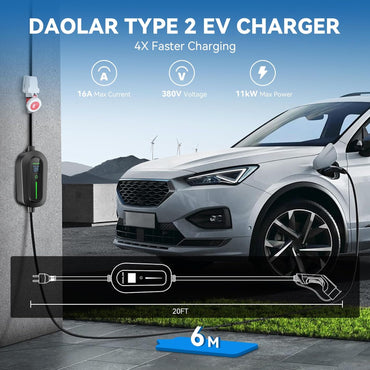 DAOLAR Portable Type 2 EV Charger: Adjustable 6-16A Three-Phase Smart Charging