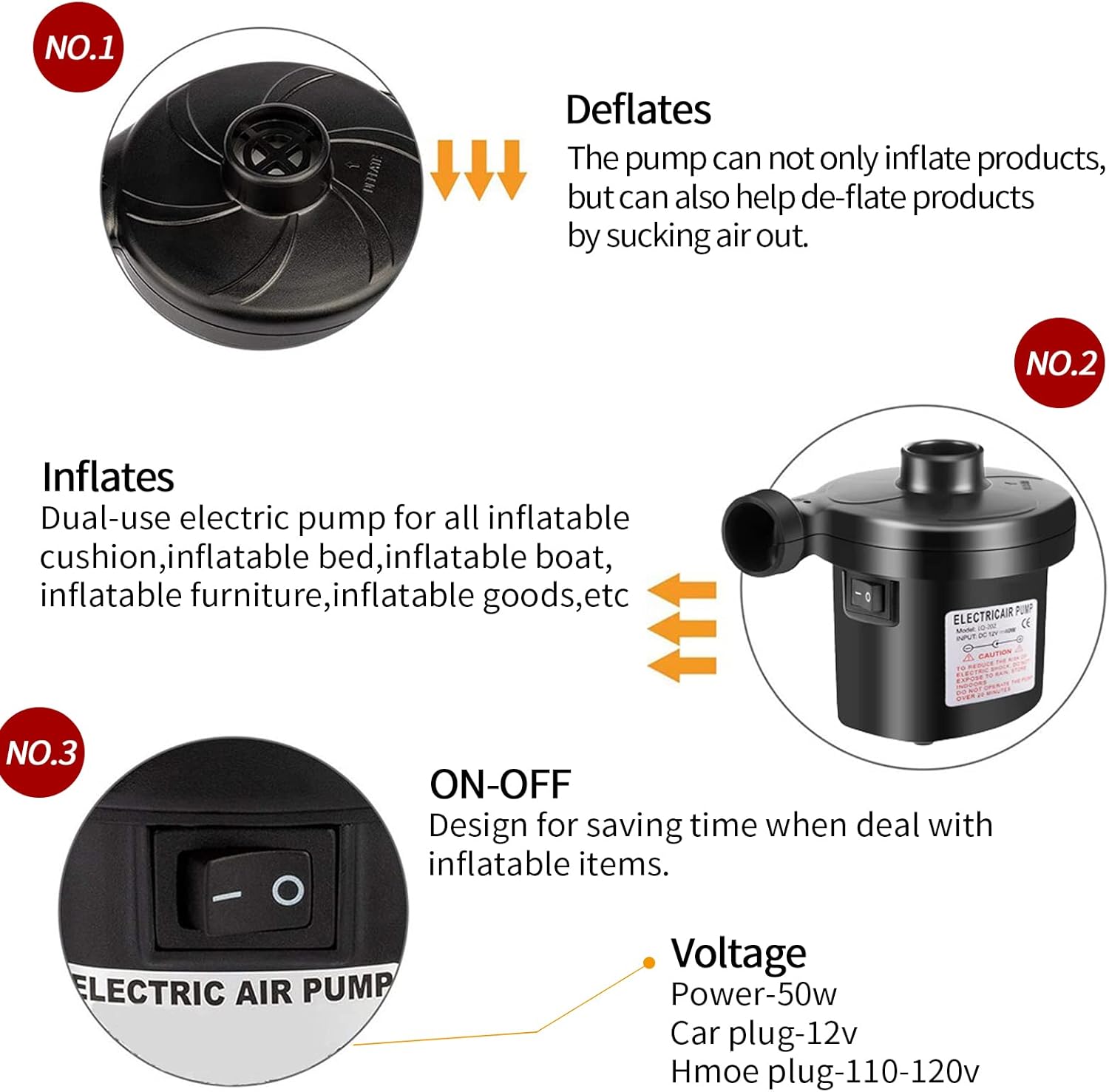 Black Portable AC110V/DC12V Electric Air Pump with 3 Nozzles