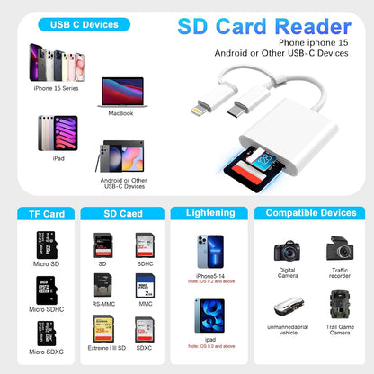 DCNETWORK SD Card Reader for iPhone iPad Dual Connector USB-C and Lightning Micro SD Memory Card Adapter 2 in 1 SD TF High-Speed Trail Camera Viewer Plug and Play