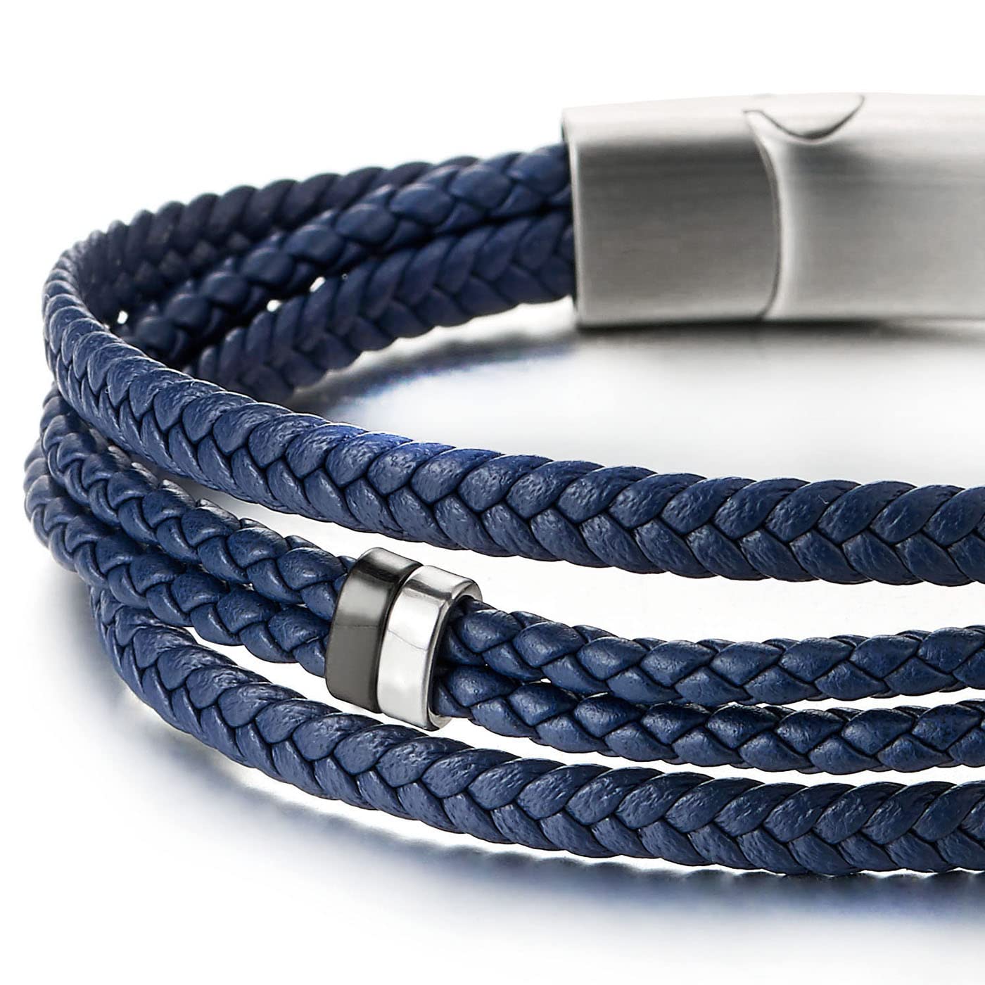 Navy Blue Braided Leather Bracelet with Magnetic Stainless Steel Clasp