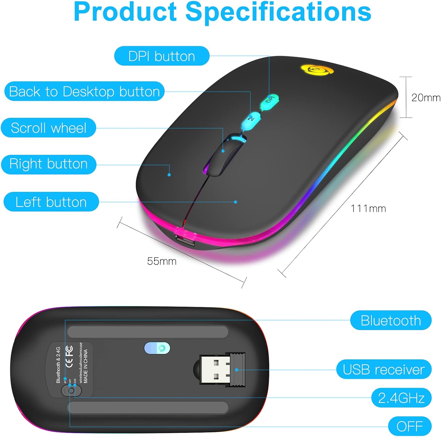CC Store BRCC_221SMJBM_B Wireless Mouse USB-C Rechargeable Dual Mode Silent Slim