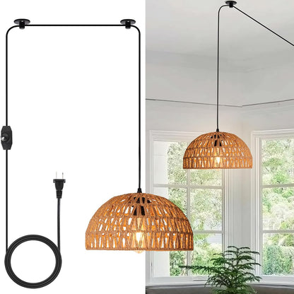 HuisMier Boho Rattan Pendant Lamp with Dimmable Switch