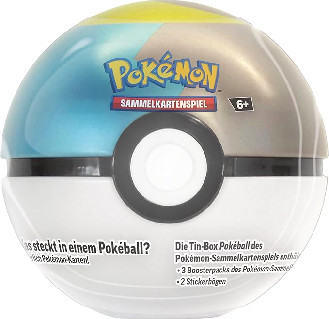 Pokémon trading card game ball-shaped tin with Pokémon logo on a white background