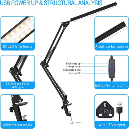 LED Desk Lamp Black 24W Double Head Adjustable Gooseneck