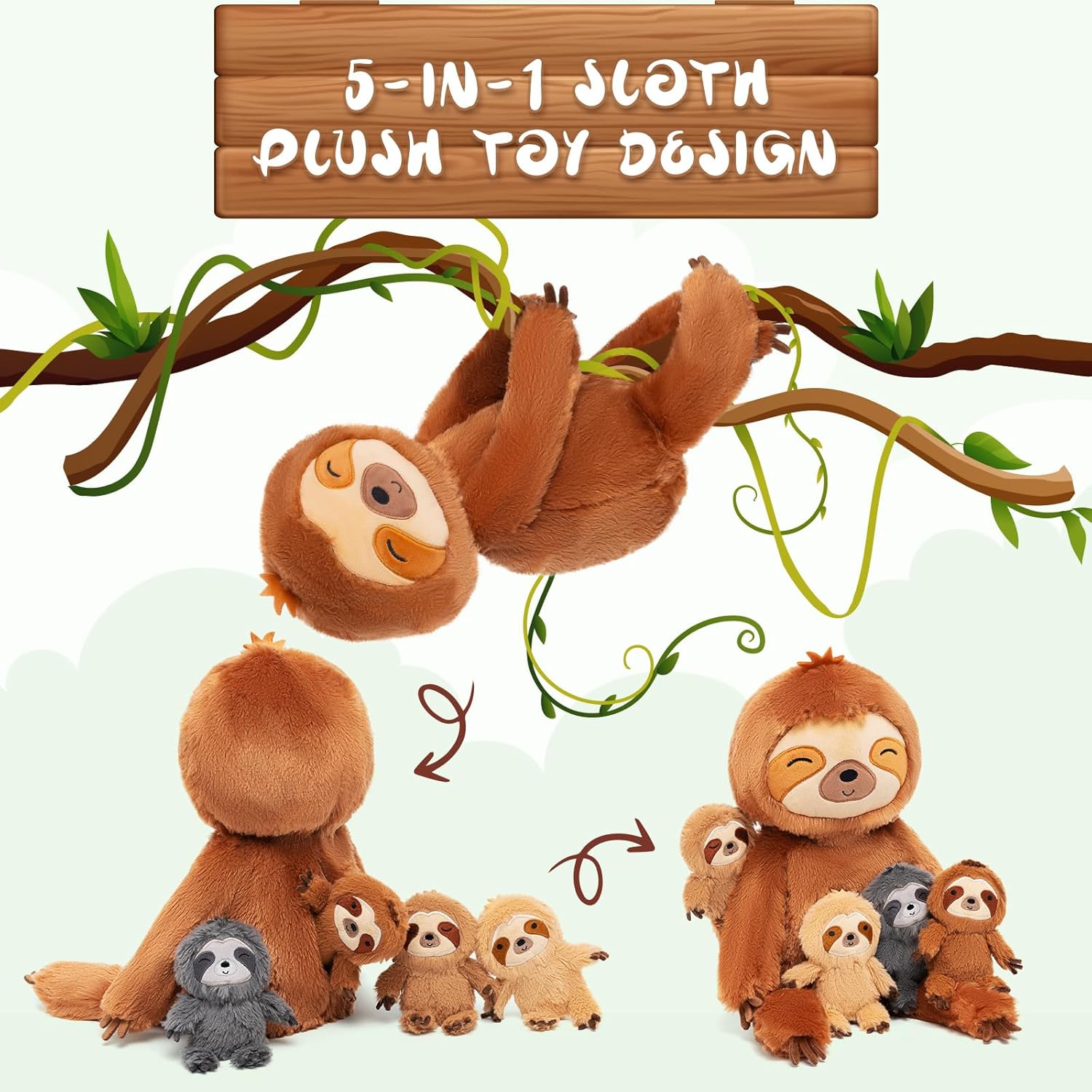 OUOZZZ 19" Plush Sloth Mommy with 4 Baby Sloths