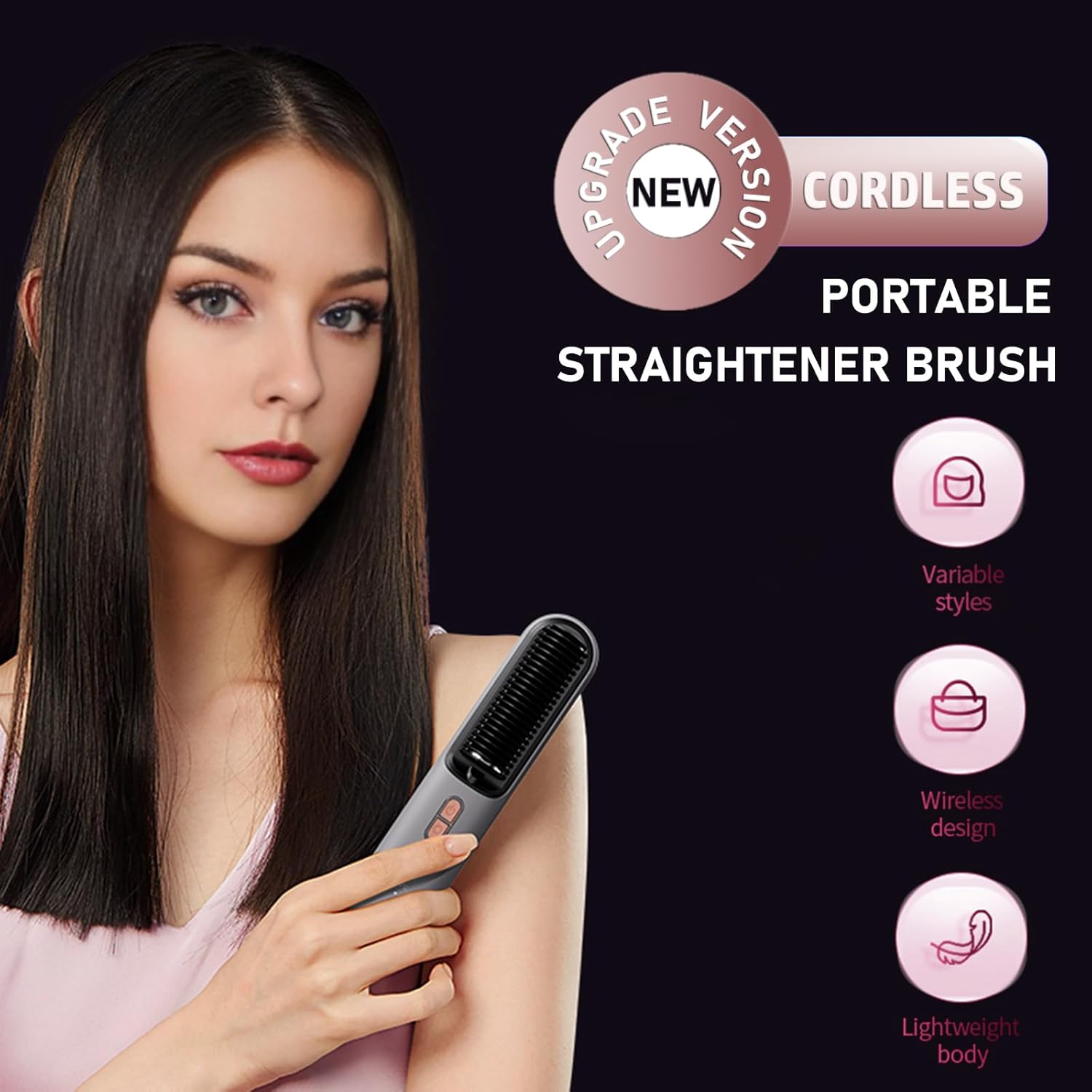 Portable Cordless Negative Ion Hair Straightener Brush with USB‑C Rechargeable Battery