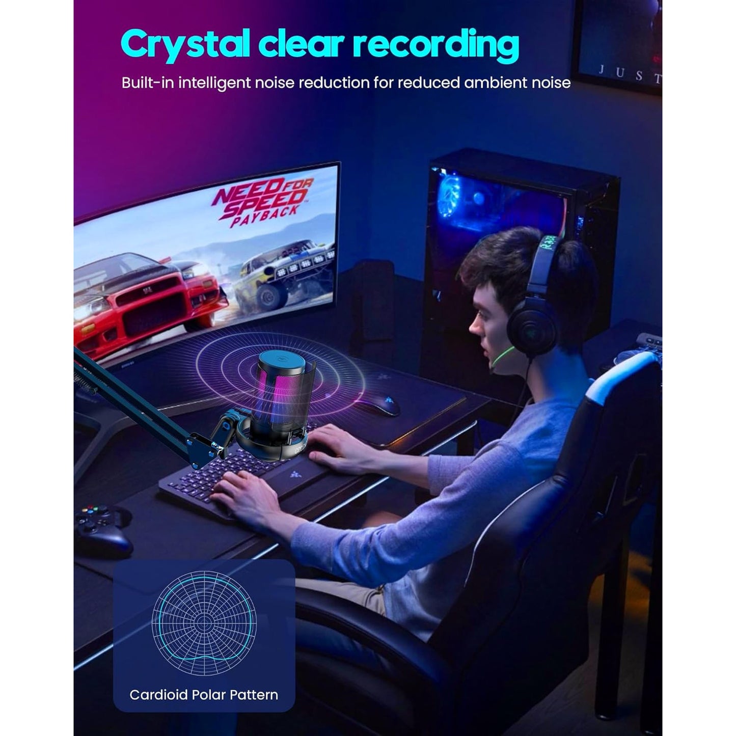 COCONISE Gaming USB Condenser Microphone with RGB Lights and Stand