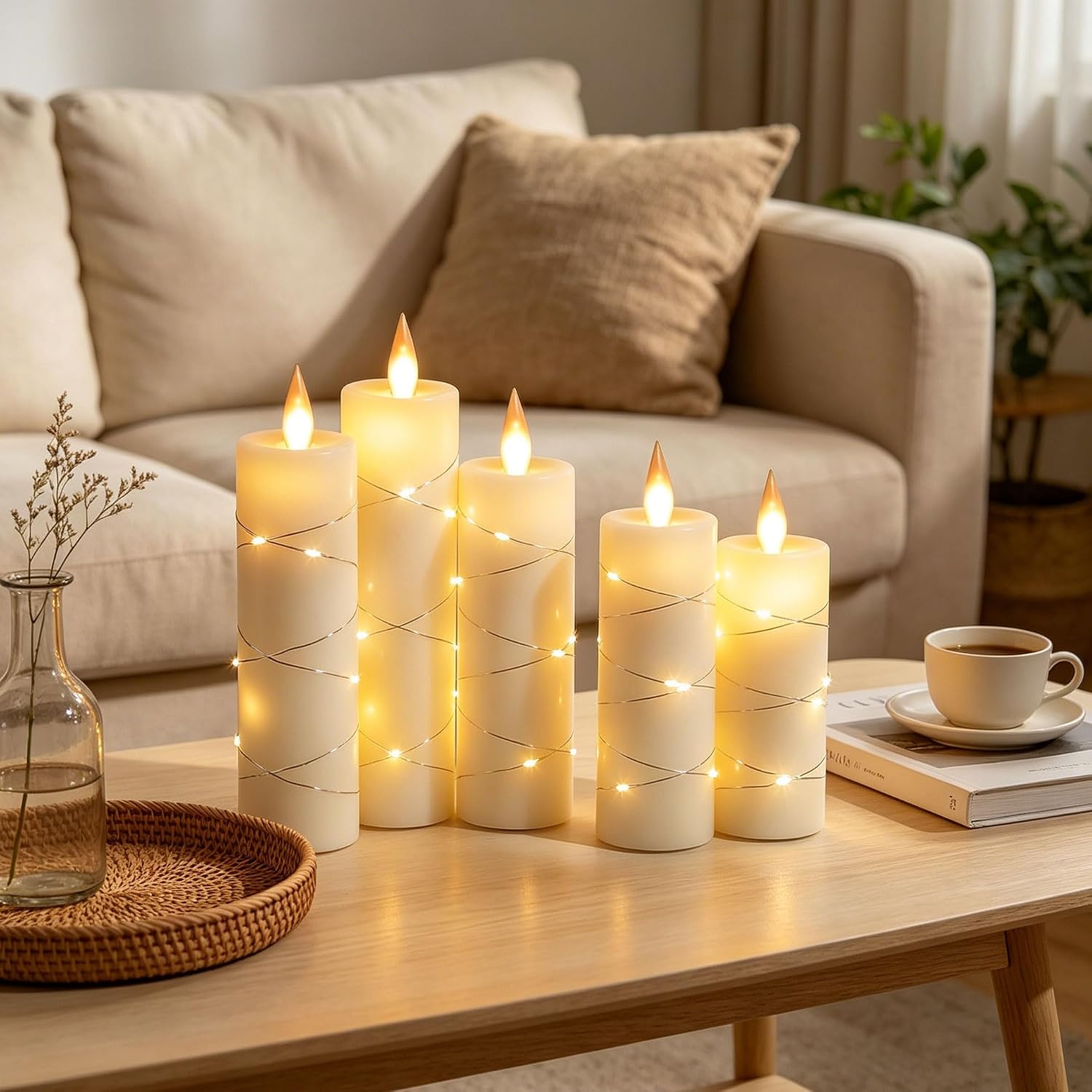 Da by 5-Pack Ivory Real Wax Flameless LED Taper Candles with Fairy String Lights and Remote Control