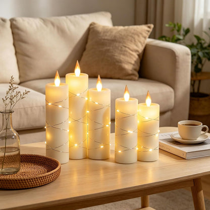 Da by 5-Pack Ivory Real Wax Flameless LED Taper Candles with Fairy String Lights and Remote Control