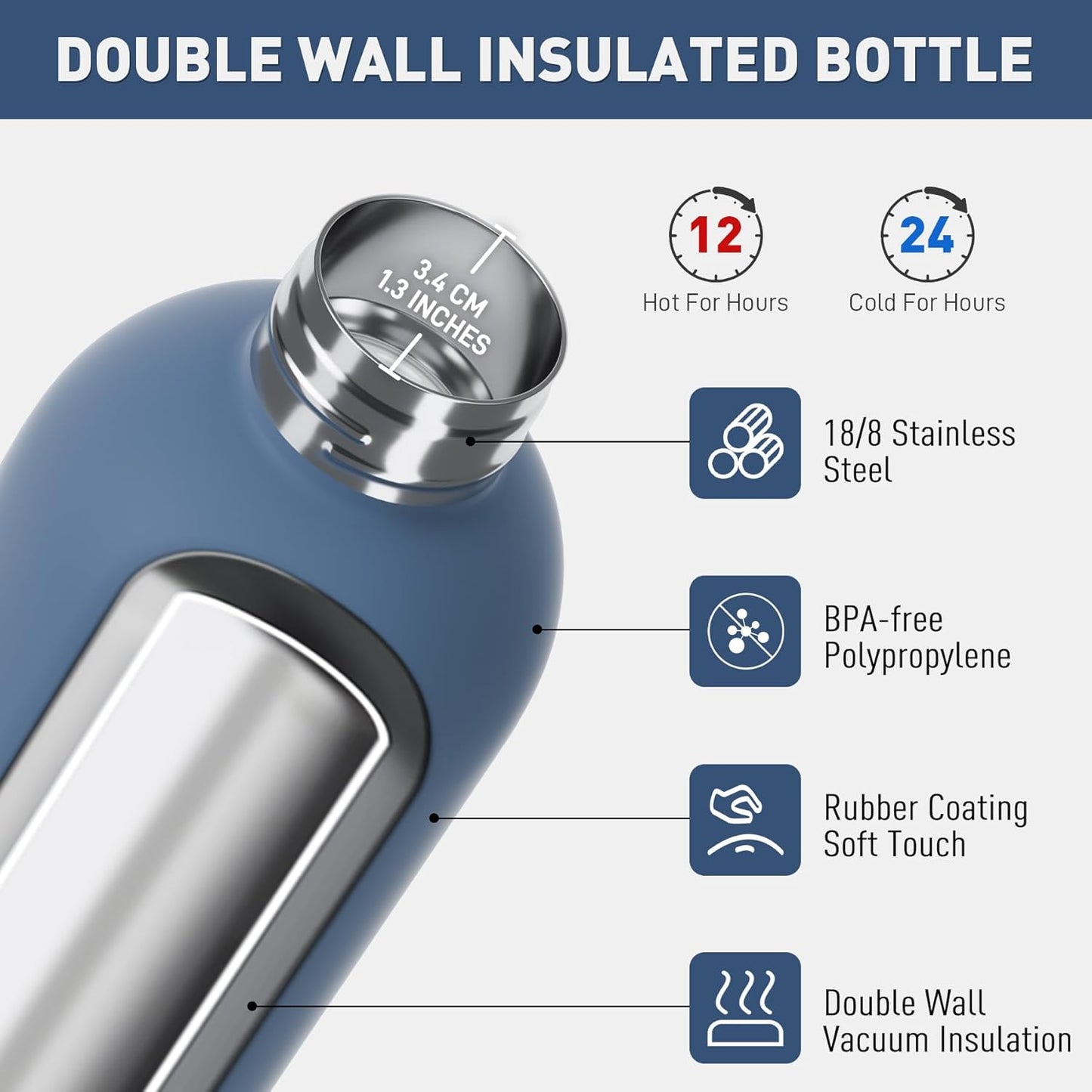 Exllena 1.5L Double-Wall Insulated Water Bottle with Carabiner