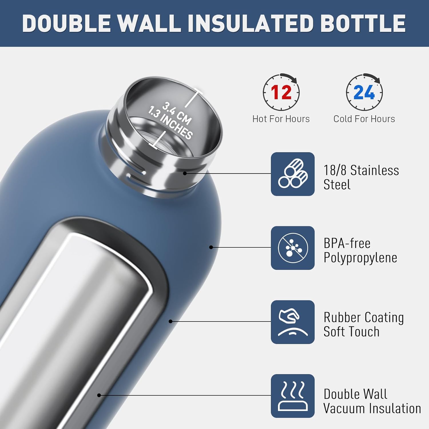 Exllena 1.5L Double-Wall Insulated Water Bottle with Carabiner